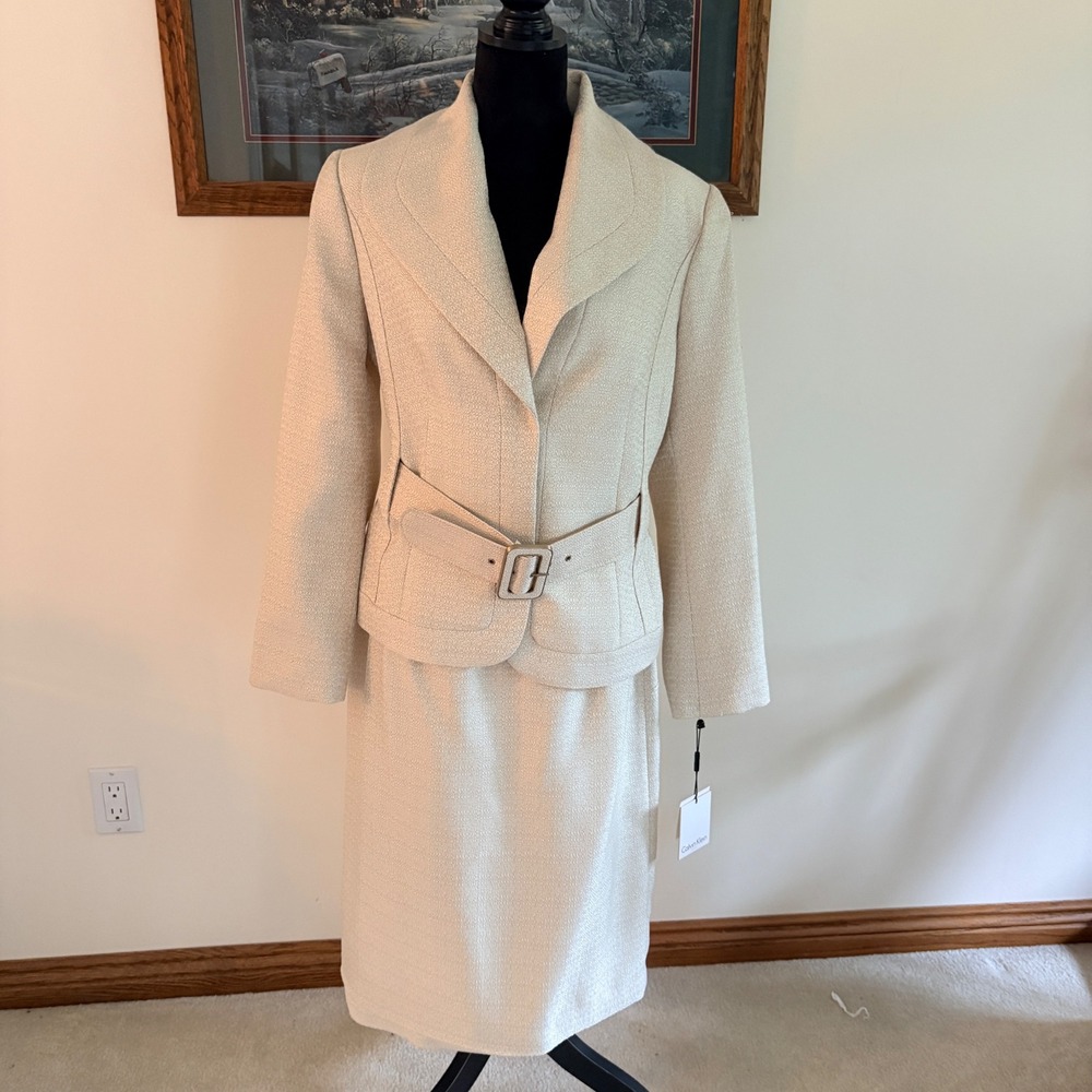Calvin Klein Skirt Suit Womens 14 Almond Metallic Belted Blazer 2 Piece Set NEW